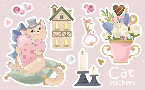 A Set of Cat stickers and icons. Vector illustrations. Printing on fabric, paper, cards, invitations.