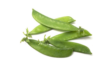 Closeup of organic flat green beans on white background