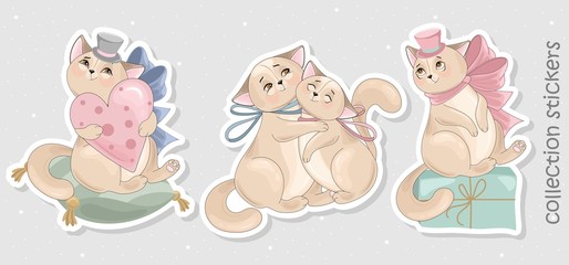 Obraz premium A Set of Cat stickers and icons. Vector illustrations. Printing on fabric, paper, cards, invitations. 