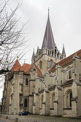 Obraz premium Cathedral of Notre Dame of Lausanne built during XII - XII centuries on hill of Old City, largest in Switzerland and one most beautiful gothic art monuments in Europe. Lausanne, Vaud, Switzerland.