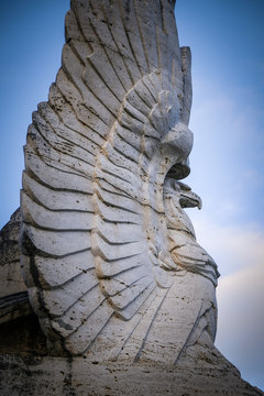 An eagle stands proudly at the entrance of the Polish War Cemetery of Montecassino, Lazio, Italy