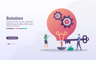 Solution concept. Men and women have solutions for business. Working together to solve the problem. Find business ideas. Can use for web landing page, banner, flyer, mobile app. Vector Illustration