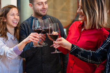 Friends celebrate their birthday at the local winery. Elegant glasses with homemade quality wine