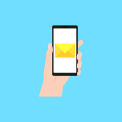 Hand holding smartphone with new message notification on screen. Vector illustration. Flat design. Isolated.