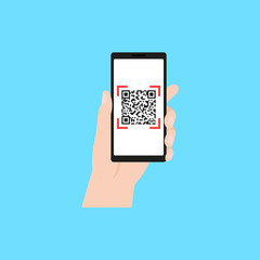 Hand with smart phone scanning qr code. Scanning qr code. Vector illustration. Flat design. Isolated.