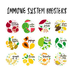Human Health Immune System Boosters - vector illustration, cartoon doodle hand drawn flat style. Pomegranate, water-melon, pine-apple, papaya, lemon, ginger, turmeric, broccoli, chichen soup, spinach.