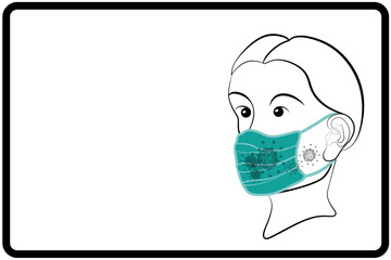 Gesicht mit Viren und Schutzaske auf weiß mit schwarzen Rahmen.