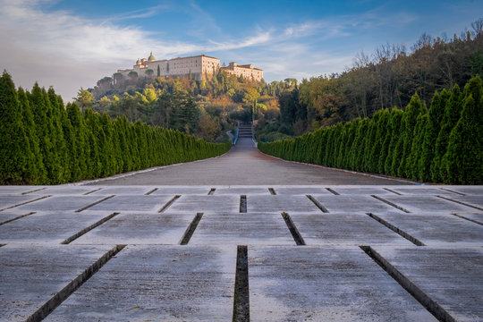View of the ancient Montecassino Abbey from the underlying boulevard of the Polish War Cemetery, Lazio, Itay