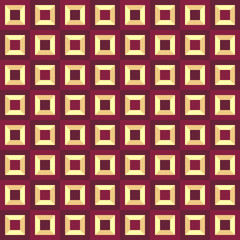 Minimalistic seamless pattern with red and yellow abstract squares for decoration design. Classic combination of purple and burgundy. Geometric mosaic with illusion of volume for any design purposes.