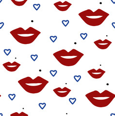 Kiss, lips.Seamless pattern of kiss. Lips with a mole. Stylish background with a kiss. Fashionable ornament. For lovers, girl design. Vector illustration.