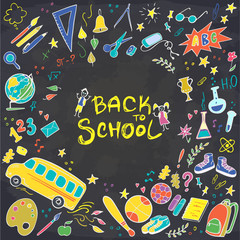Colorful Back to school doodles set. Vector illustration. Perfect for textile fabric design, wrapping paper and website wallpapers.