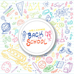 Colorful Back to school doodles set. Vector illustration. Perfect for textile fabric design, wrapping paper and website wallpapers.