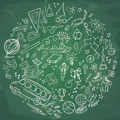 Back to School banner. Doodles icons of education, science objects, office supplies and lettering Back to School on green chalkboard. Vector illustration.