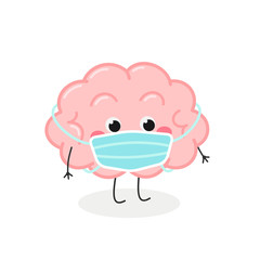 Cute cartoon brain character wearing face mask