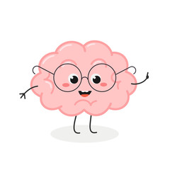 Cute nerd brain cartoon character in glasses