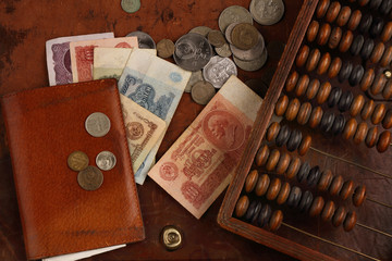 Banknotes, coins of the times of the USSR and the vintage abacus