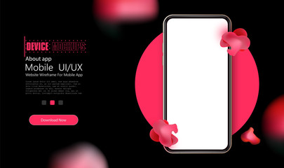Liquid color abstract geometric shapes. Realistic smartphone mockup. Mobile phone blank, white. Device UI/UX mockup for presentation template. Smartphone isolated on modern red circle blank screen. 