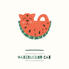 Watermelon Cat isolated on background. Cartoon animal character. Vector illustration for poster design, kids print, greeting card, social media post. For cards, textile.