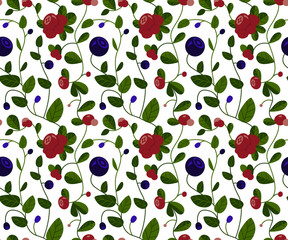 Colourful vector berry seamless pattern. Ripe blueberry and cranberry. Delicious forest fruit illustration. Graphic ornament background.