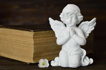 Sympathy card. Guardian angel, spring flower and book on wooden background