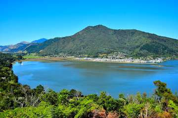 Fototapeta na wymiar Beautiful New Zealand landscape with the small town Havelock. Marlborough Sounds, South Island.