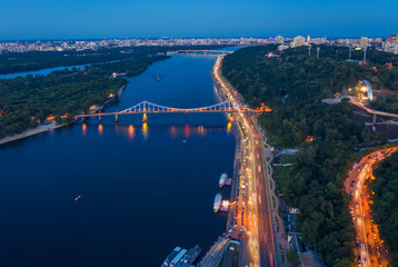 Naklejka premium Night aerial view of Kyiv city, Ukraine