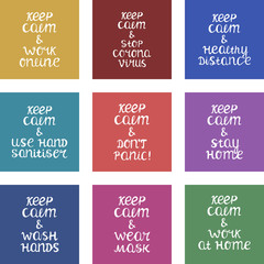 Colorful banner collection quotes keep calm during coronavirus pandemic. Wash hands, healthy distance, stay home, work from home, wear mask. Cute handwritten lettering. Vector stock illustration.