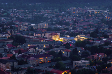 Obraz premium Top view on the evening city of Khust, Transcarpathia Ukraine
