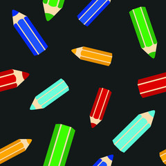 seamless texture pattern of colored pencils of different sizes on a black background