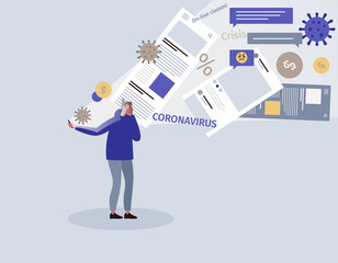 Coronavirus infodemia concept illustration. Sad Woman standing with mobile phone full of news and warnings about economy crisis and COVID 19 outbreak. 
