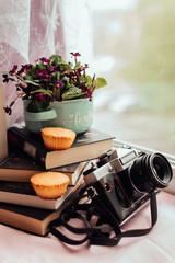 still life with cookies and flowers