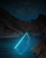 Imaginary World - Futuristic Neon Light Rectangle Dipped Into The Blue Water Of Attabad Lake In Hunza, Gilgit Baltistan, Pakistan - Futuristic Alien World An Illuminated Neon Shape In The Imaginations