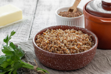 Buckwheat porridge in a bowl on a table