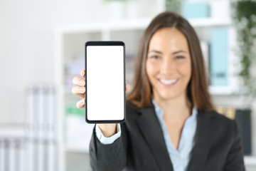 Happy executive showing blank phone screen at office