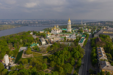 Aerial view of Kiev Pechersk Lavra illuminated by the sunset rays of the sun, Kyiv, Ukraine