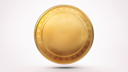 Empty isolated golden shiny coin on white background. Blank money template 3D illustration.