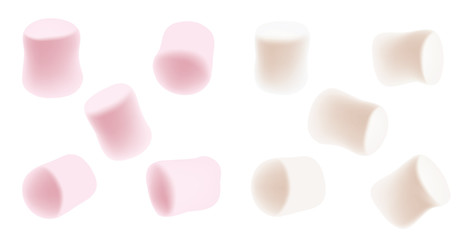 Marshmallow set. Tasty white and pink marshmallows isolated on white background. Marshmallow candy background.