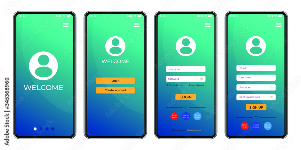Wall mural welcome screen. login and register on screen. log in and sign up ui ux on smartphone screen. login a