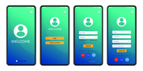 Welcome screen. Login and Register on Screen. Log In and Sign Up UI UX on Smartphone Screen. Login Application with Password Form Window. Vector illustration
