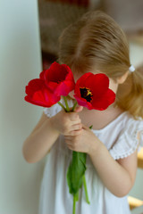 little blonde girl in a white dress holds a bouquet of red tulips in her hands