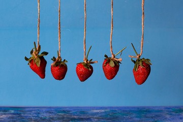pendulum from berries of red strawberries on a blue background