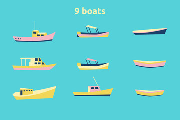 Boat drawing set. Colorful icon collection. Fishing or sailing ships in cute flat design. Kid toy style. Vector