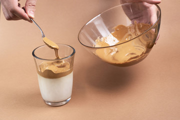 put the cream out of sugar, water and coffee on top milk. instructions for making dalgona coffee...