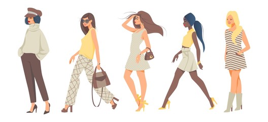 Trendy women. Cartoon stylish girl characters wearing stylish casual and hipster fashion clothes. Vector illustration collection of diverse models with handbag in trend on white