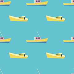 Boat pattern for summer vacation vibes. Nautical seamless background. Sailboat design. Vector