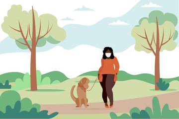 Woman walking a dog in the summer. Cute vector illustration in flat style.