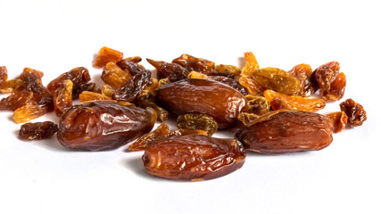Date and raisins on a white isolated background