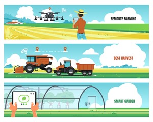 Agricultural banners. Smart farming and using futuristic technologies for growing food, soil work automation concept. Vector image agro digital technology flyer