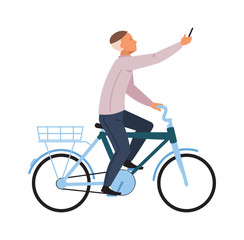 Man on bike with smartphone. Transport courier using mobile phone. Vector images traveler male riding on bicycle