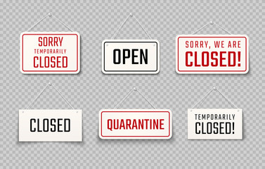 Closed sign. Temporarily closed of coronavirus realistic signs, CoVid-19 quarantine signboard for cafe and restaurants. Vector set illustration banner message restriction or locked business sign